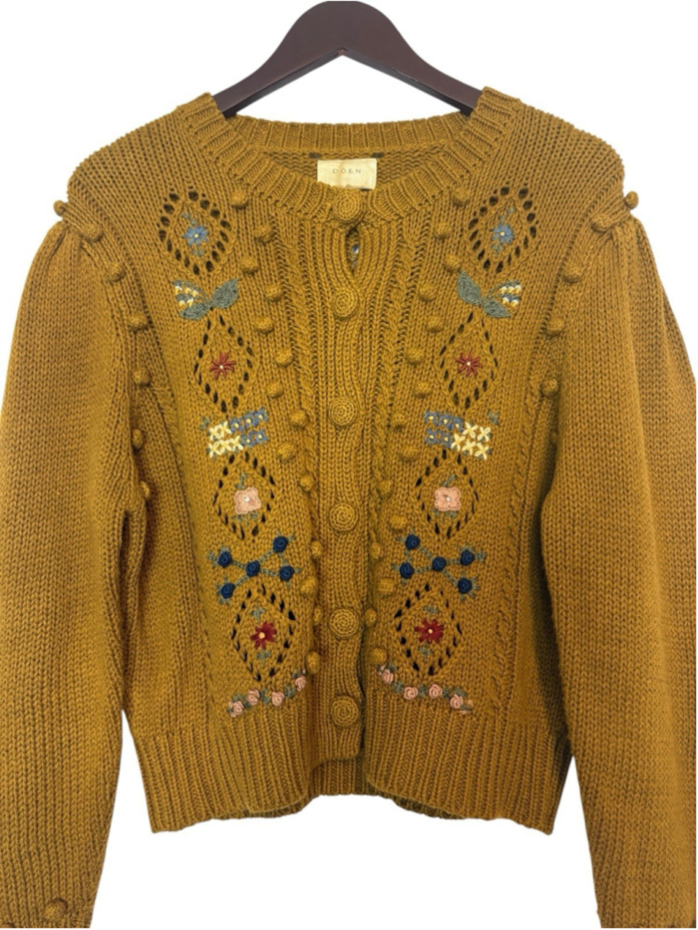 RARE DÔEN Forget Me Not Embroidered Floral Bobble Knit Cardigan Sweater Tan XL - Picture 13 of 14